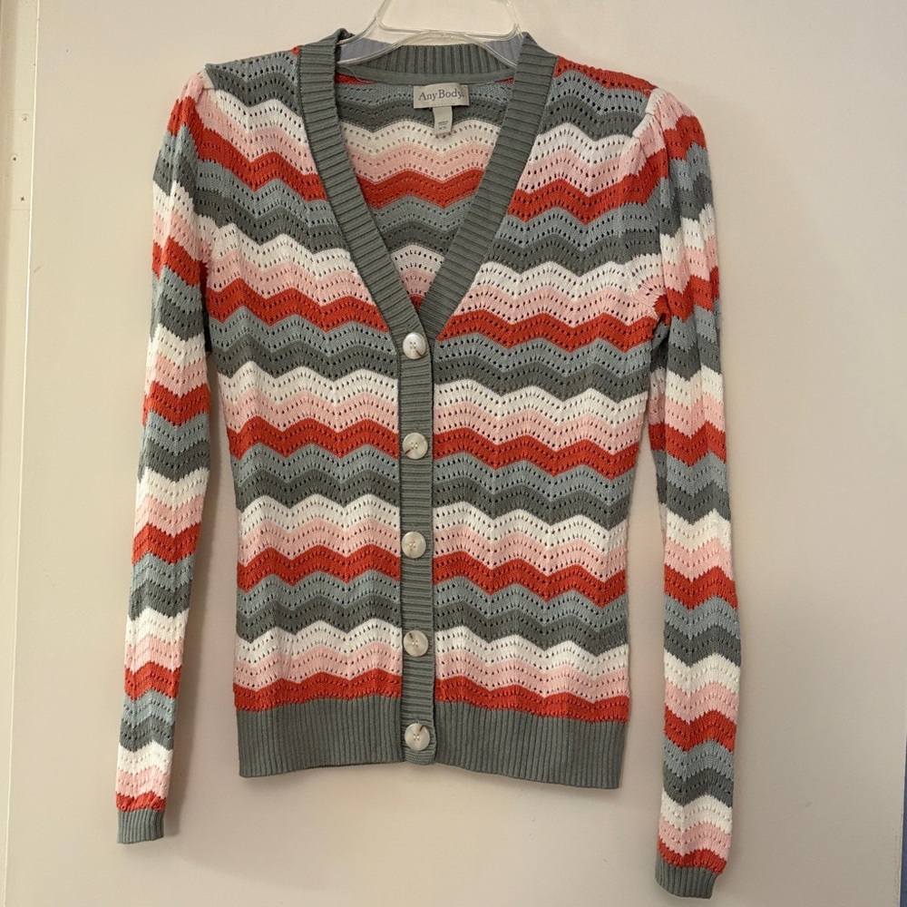 AnyBody Women's Chevron Long Sleeve Knit Boho Cottage core‎ Cardigan Sweater, XS